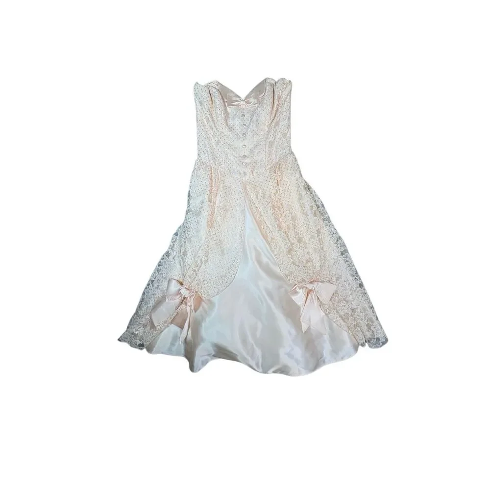 Vintage Alfred Angelo Womens XS Peach Tea length Prom Dress USA Lace Formal Vintage Alfred Angelo Womens XS Peach Tea length Prom Dress USA Lace Formal